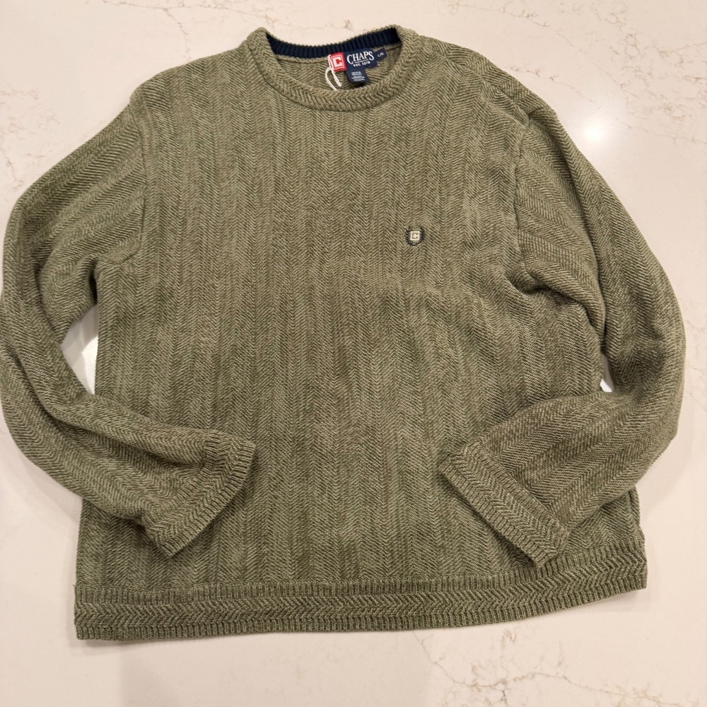 Chaps Men’s Large Olive Green Herringbone Knit Crewneck Sweater 100% Cotton